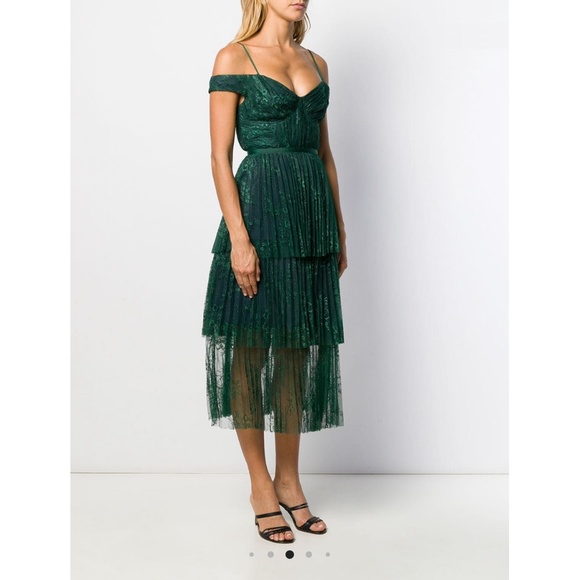 Self-Portrait Green Off Shoulder Fine Lace Dress - Picture 8 of 15